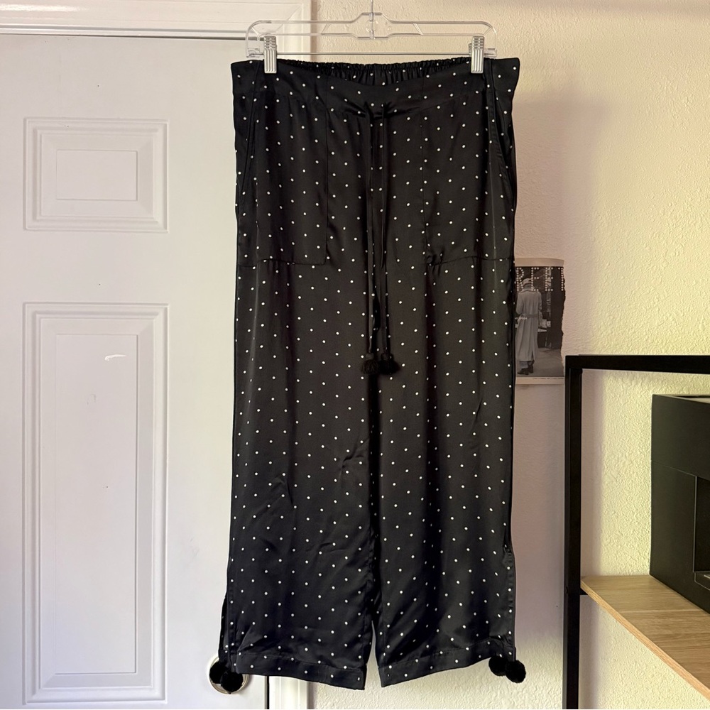 FIGUE black polka dot silk straight wide‎ leg cropped pull on elastic pom pants